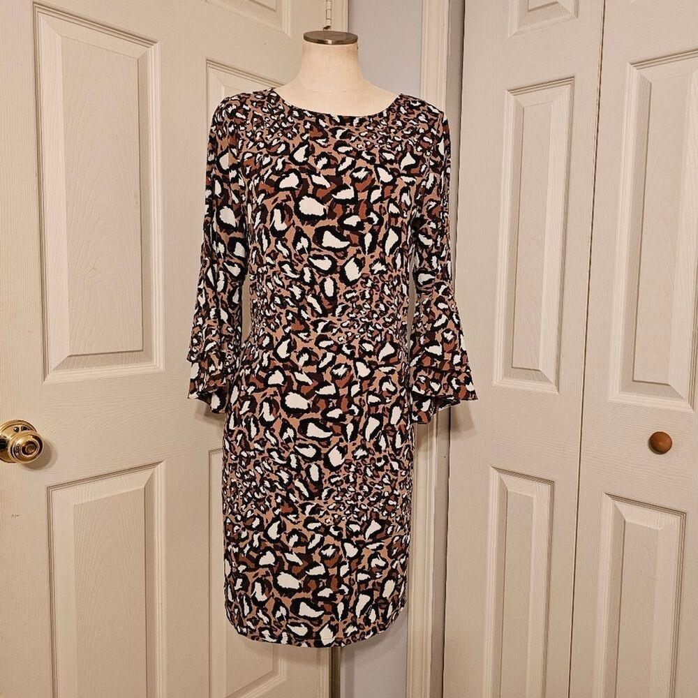 Boho Chic Sheath Dress Womens Lge Modest Neutral Leopard Mobwife Flare Retro Mod